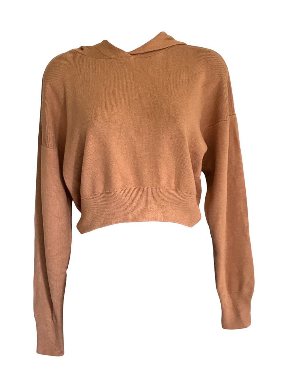 Brave Soul London Ribbed Cropped Hoodie in Camel Brown Sz L